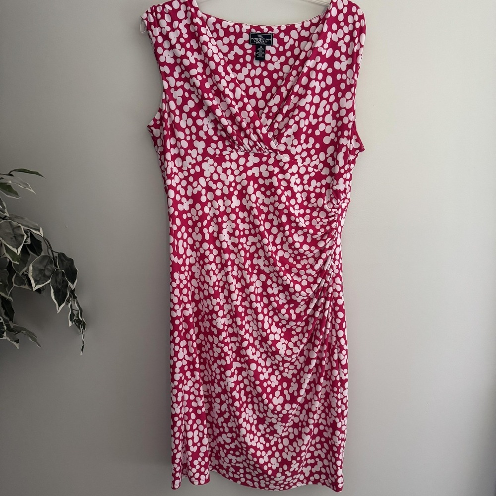 American Living Dress Womens 16 Pink Polka Dot Cowl Neck Ruched Sheath Jersey